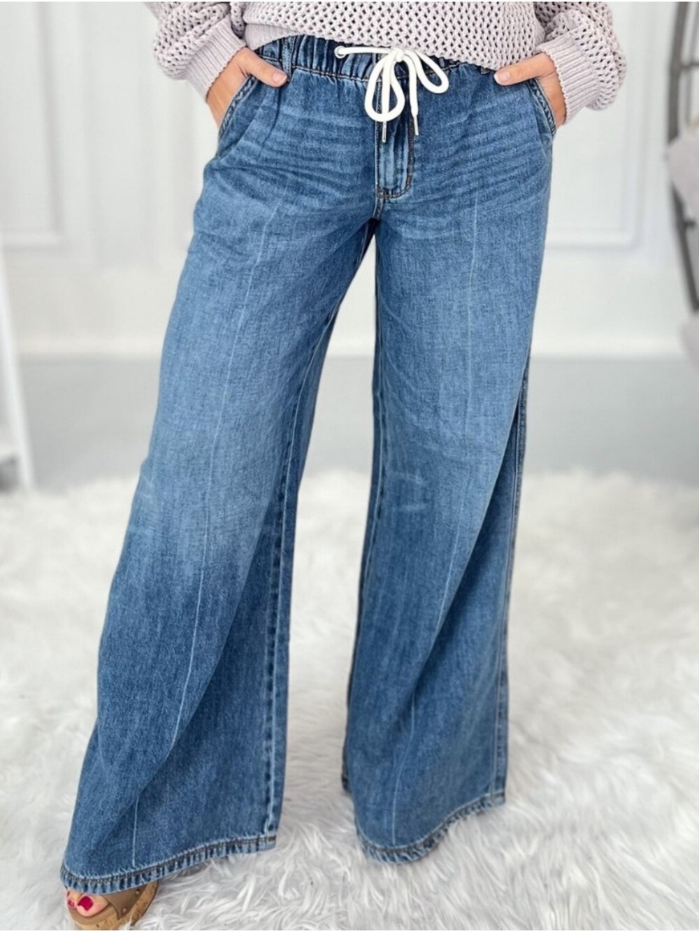 JUDY BLUE Chill Threads Rigid Palazzo Wide Leg Drawstring Jean Size 9 / 29